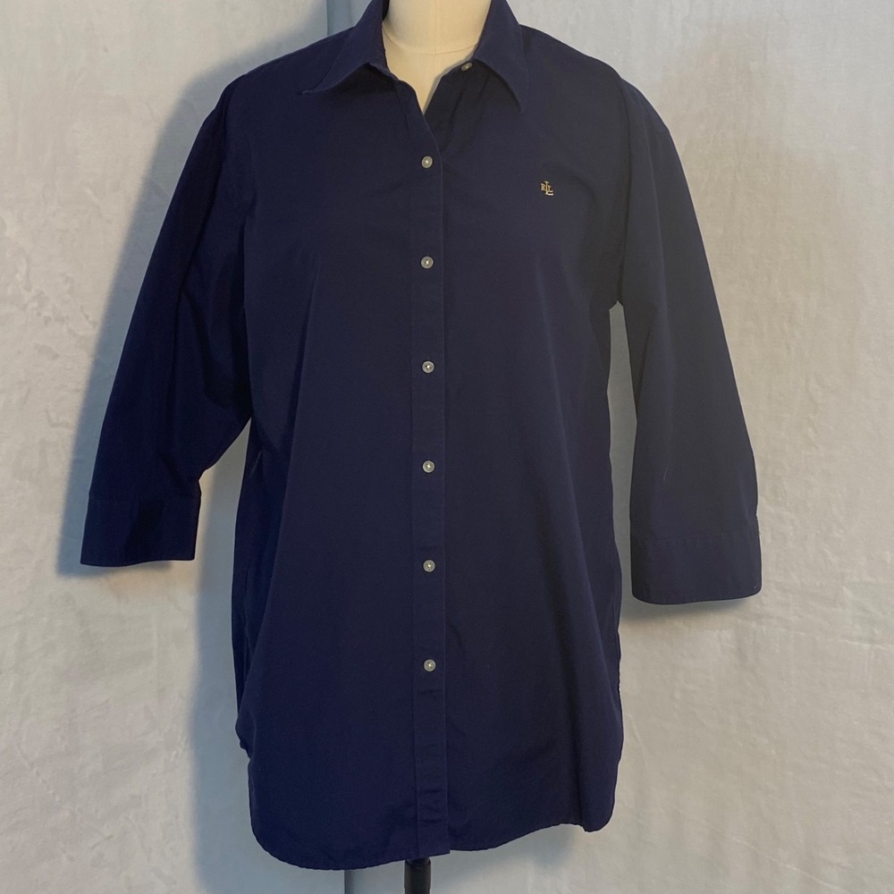 Lauren Jeans Company Ralph Lauren Navy Womens Button Shirt L 3/4 Sleeve Career